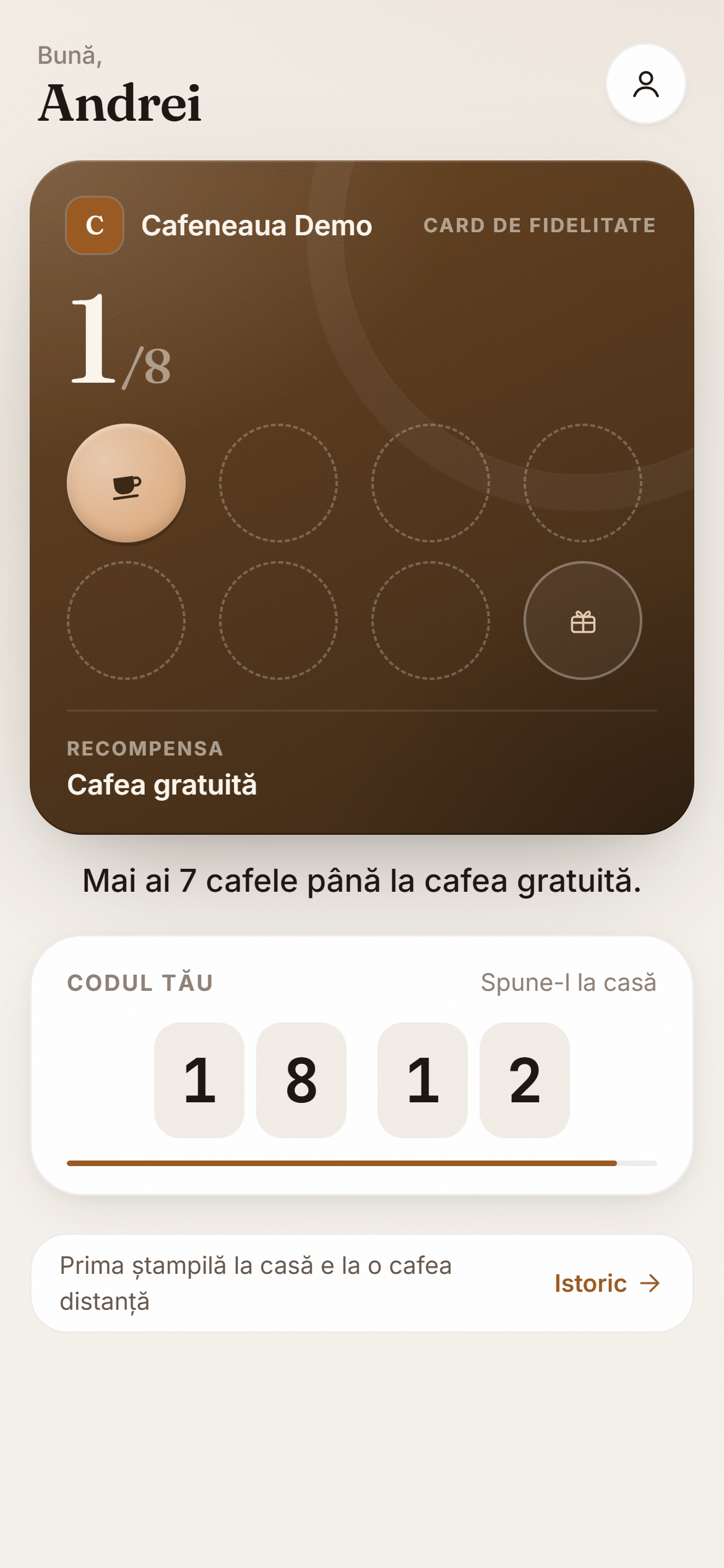 Cardul proaspăt creat, cu ștampila de bun venit și codul pentru casă.