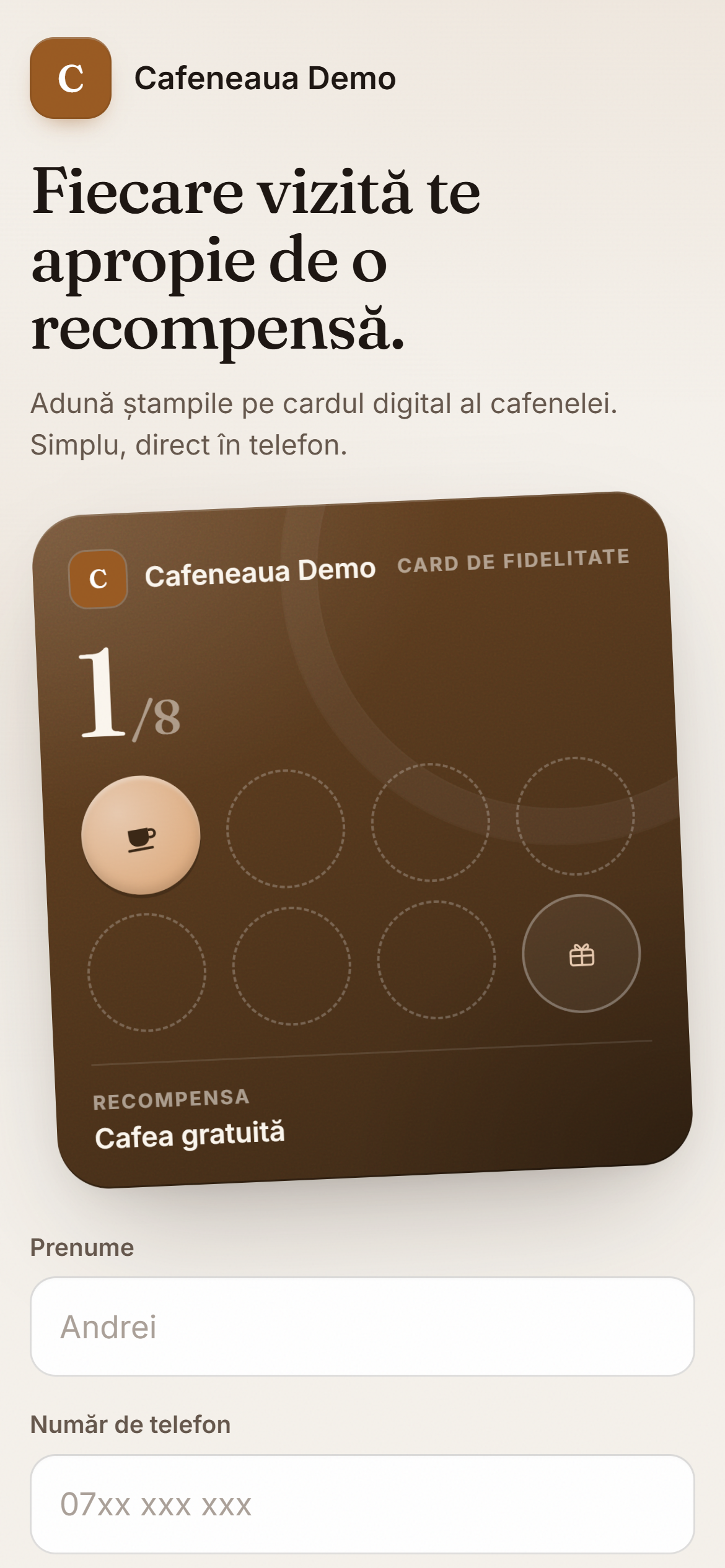 Ecranul de înscriere: prenume, număr de telefon și previzualizarea cardului.